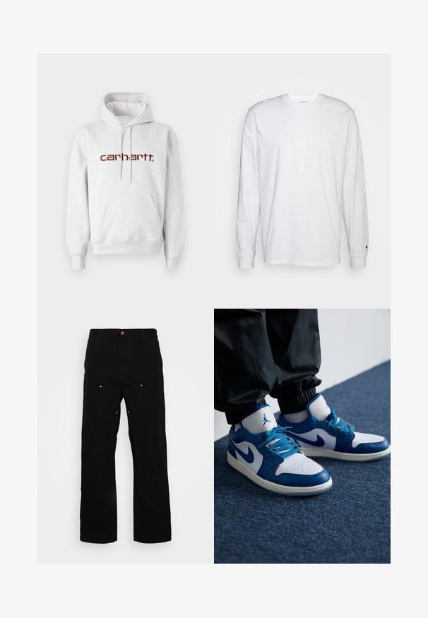 Grijze katoenen hoodie met een kangoeroezak, een capuchon met trekkoord en het "carhartt" logo in donkerbruin over de borst.; Witte lange mouwen T-shirt van katoen. Ronde hals ontwerp met ribgebreide manchetten en een klein logo op de linkermouw. Gladde textuur.; Zwarte denim broek met een recht-pijp ontwerp, voorzien van gouden hardware accenten en zichtbare stiksels op de voor- en achterzakken.; Nike Air Jordan sneakers hebben een witte leren basis met blauwe synthetische accenten, een geperforeerde neusdoos en blauwe veters.