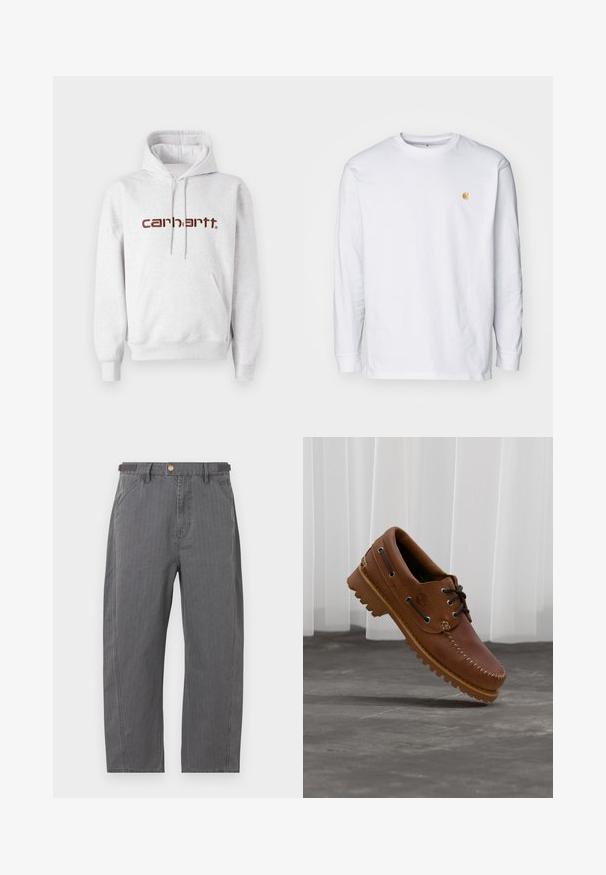 Grijze katoenen hoodie met een kangoeroezak, een capuchon met trekkoord en het "carhartt" logo in donkerbruin over de borst.; Witte lange mouwen t-shirt van katoen. Voorzien van een klein gouden logo op de borst en een ronde hals. Eenvoudig ontwerp en standaard pasvorm.; Grijze broek met rechte pijpen, voorzakken, riemlussen en een messing knoopsluiting, getoond op een witte achtergrond.; Bruine leren bootschoen met zwarte veters, beige stiksel en een robuuste zool, zwevend boven een grijze betonnen vloer.