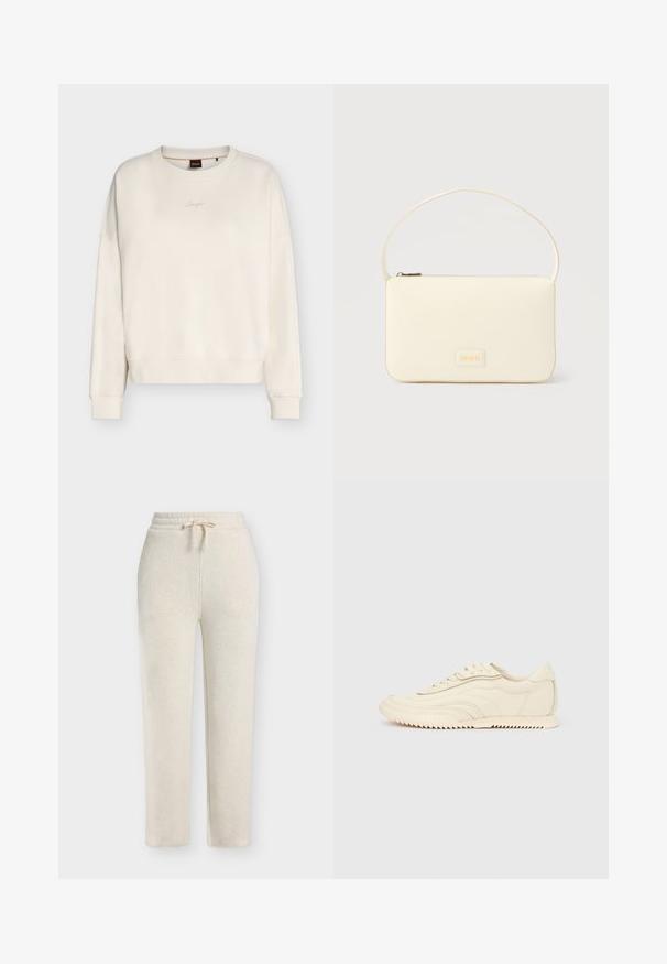 Sweat-shirt écru à col rond, manches longues, poignets et ourlet côtelés, petit logo brodé au centre de la poitrine.; Pantalon de survêtement beige décontracté avec taille élastique et cordon, coupe droite, adapté pour le lounge ou les tenues décontractées.; Baskets basses de couleur crème avec des coutures ondulées, une fermeture à lacets et une semelle crantée, vues de côté sur un fond uni.; Sac à main rectangulaire de couleur crème avec une seule sangle et une fermeture éclair sur le dessus, comportant une petite plaque de logo embossé à l'avant.