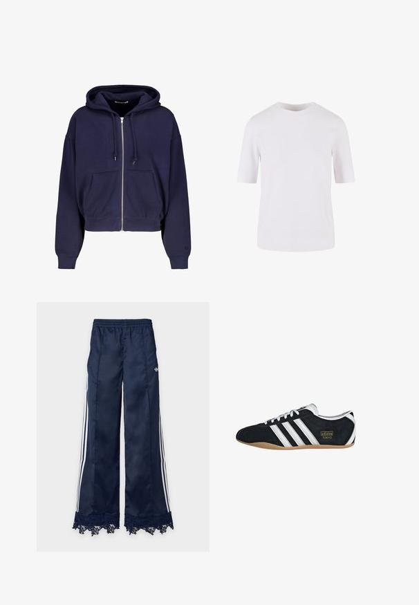 Marineblaue cropped Kapuze aus weichem Baumwollmaterial mit Reißverschluss vorne, zwei Fronttaschen und Kordelzug-Kapuze. Gerippte Bündchen und Saum.; Weißes T-Shirt mit kurzen Ärmeln aus glattem Baumwollstoff. Es hat einen runden Halsausschnitt und einen geraden Schnitt, ohne Muster oder Verzierungen.; Marineblaue Trainingshose mit weitem Bein, weißen Seitenstreifen, elastischem Bund, adidas-Logo an der Hüfte und Spitzenbesatz am Saum.; Schwarze Wildledersneaker mit drei weißen Streifen, goldenem Logo und brauner Gummisohle. Merkmale ein niedrigprofiliertes Schnürdesign.