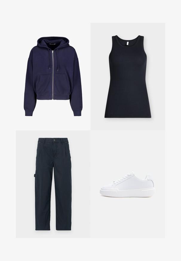 Marineblaue cropped Kapuze aus weichem Baumwollmaterial mit Reißverschluss vorne, zwei Fronttaschen und Kordelzug-Kapuze. Gerippte Bündchen und Saum.; Schwarzes ärmelloses, geripptes Tanktop mit rundem Ausschnitt, flach auf hellem Hintergrund dargestellt.; Marineblaue Cargo-Hosen aus atmungsaktivem Material, mit Knopfverschluss, seitlichen Taschen und entspannter Passform mit geraden Beinen.; Weißer Sneaker mit niedrigem Schaft, Schnürverschluss, dicker Sohle und glattem Obermaterial, von der Außenseite vor einem einfarbigen hellen Hintergrund gezeigt.