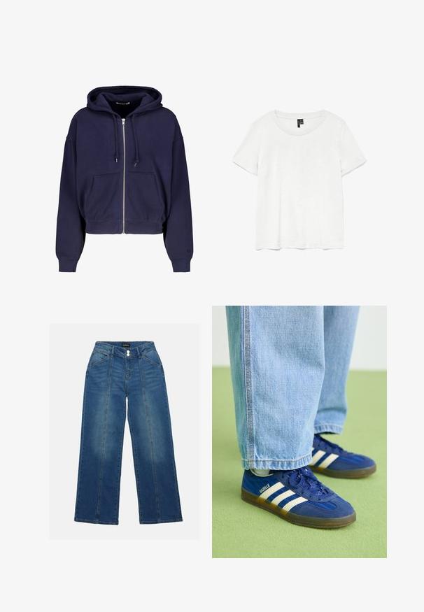 Sudadera cortada de color azul marino, hecha de algodón suave, con cremallera frontal, dos bolsillos delanteros y capucha con cordón. Puños y dobladillo acanalados.; Camiseta blanca de manga corta con un cuello redondo, hecha de tejido ligero. Diseño simple, textura suave y dobladillo recto.; Jeans de mezclilla azul de pernera ancha con cintura alta, que presentan dos botones, bolsillos frontales y costuras contrastantes en la parte delantera.; Zapatillas de ante azul con rayas blancas y patrones texturizados, combinadas con pantalones de mezclilla azul claro, sobre un fondo verde.