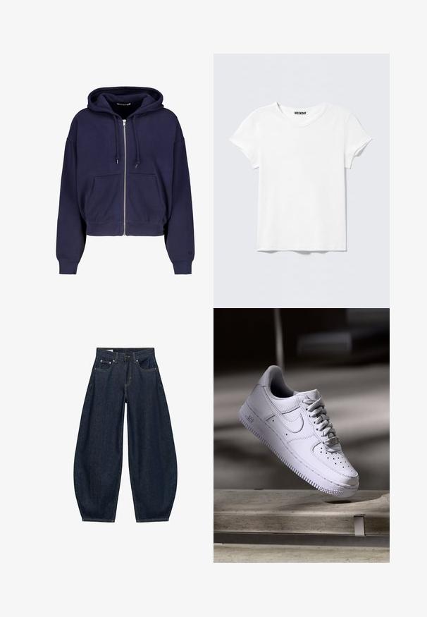 Navyblauwe cropped hoodie gemaakt van zachte katoen met een rits aan de voorkant, twee voorzakken en een capuchon met trekkoord. Geribde manchetten en onderrand.; Effen wit T-shirt met korte mouwen en V-hals, met een klein "WEEKDAY" label aan de binnenkant van de kraag, getoond op een lichtgrijze achtergrond.; Donkerblauwe denim jeans met wijde pijpen, voorzakken, riemlussen en een knoopsluiting in de taille.; Witte Nike Air Force 1 sneaker die zweeft boven een betonnen oppervlak met schaduwen in een minimalistische setting.