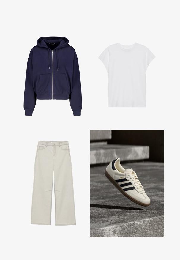 Sudadera cortada de color azul marino, hecha de algodón suave, con cremallera frontal, dos bolsillos delanteros y capucha con cordón. Puños y dobladillo acanalados.; Camiseta blanca de manga corta con cuello redondo, corte relajado, hecha de suave tela de algodón. Textura lisa, sin estampados ni logotipos.; Pantalones de pierna ancha gris claro con cinco bolsillos, cierre frontal de botón y costuras contrastantes a lo largo de las costuras. La tela parece suave y duradera.; Zapatilla blanca Adidas Samba con franjas negras y suela de goma, flotando sobre escalones de hormigón gris texturizado.