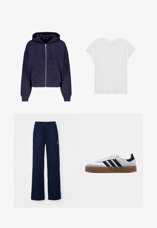 Sudadera cortada de color azul marino, hecha de algodón suave, con cremallera frontal, dos bolsillos delanteros y capucha con cordón. Puños y dobladillo acanalados.; Camiseta blanca de manga corta con cuello redondo, corte relajado, hecha de suave tela de algodón. Textura lisa, sin estampados ni logotipos.; Pantalones de chándal de mezcla de algodón en color marino con diseño de pierna ancha, cinturilla elástica y bolsillos con cremallera, con franjas laterales blancas y detalle de logotipo.; Zapatillas de cuero blancas con rayas negras, suela de goma, puntera redonda, cierre de cordones y caperuza de ante gris suave.