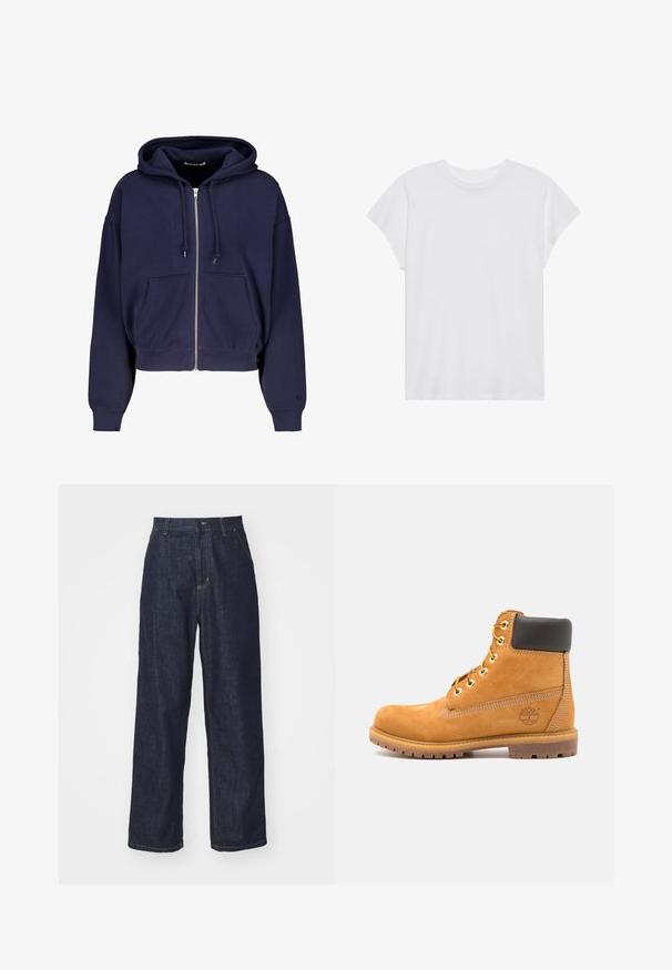Marineblaue cropped Kapuze aus weichem Baumwollmaterial mit Reißverschluss vorne, zwei Fronttaschen und Kordelzug-Kapuze. Gerippte Bündchen und Saum.; Weißes kurzärmliges T-Shirt mit Rundhalsausschnitt, lockerer Passform, aus weichem Baumwollstoff. Glatte Textur, keine Muster oder Logos.; Dunkelblaue gerade geschnittene Jeans mit Gürtelschlaufen, Frontknopf und Seitentaschen auf einem weißen Hintergrund.; Braune Leder-Stiefelette mit schwarzer Polsterung, goldenen Ösen und einer strukturierten Sohle. Hat ein kreisförmiges Logo an der Seite und Nähakzente.