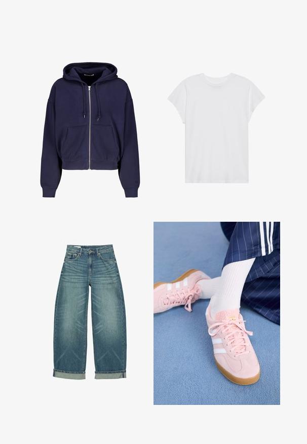 Navyblauwe cropped hoodie gemaakt van zachte katoen met een rits aan de voorkant, twee voorzakken en een capuchon met trekkoord. Geribde manchetten en onderrand.; Witte t-shirt met korte mouwen, ronde hals, relaxte pasvorm, gemaakt van zacht katoen. Glad textuur, geen patronen of logo's.; Blauwe denim jeans met wijde pijpen, opgerolde boorden, voorste knoop- en ritsluiting en klassiek ontwerp met vijf zakken.; Lichtroze suède sneakers met witte strepen en veters, voorzien van een gestructureerde tong en een gumzool, geplaatst op een blauwe tapijt.