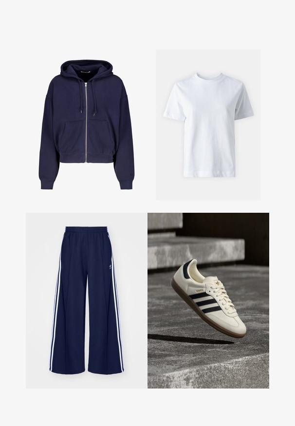 Navyblauwe cropped hoodie gemaakt van zachte katoen met een rits aan de voorkant, twee voorzakken en een capuchon met trekkoord. Geribde manchetten en onderrand.; Witte katoen t-shirt met een ronde hals, korte mouwen, een rechte snit en een gladde textuur. Geen patronen of versieringen.; adidas Originals PANT - Trainingsbroek - night indigo; Witte Adidas Samba sneaker met zwarte strepen en gumzool, zwevend boven gestructureerde grijze betonnen treden.