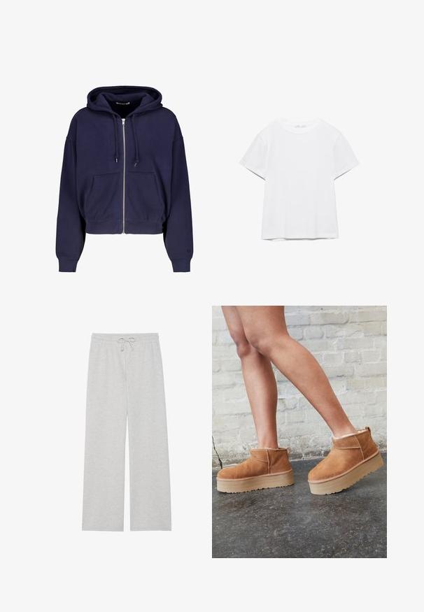 Navyblauwe cropped hoodie gemaakt van zachte katoen met een rits aan de voorkant, twee voorzakken en een capuchon met trekkoord. Geribde manchetten en onderrand.; Effen wit T-shirt met korte mouwen en ronde hals, met een rechte zoom, gepresenteerd tegen een witte achtergrond.; Lichtgrijze joggingbroek van zachte katoenmix, met een wijd model, elastische tailleband met verstelbaar trekkoord en zonder zakken.; Bruine suède enkelboots met een zachte voering, dikke beige plateauzool en een achterste lus. Getextureerde oppervlakte met zichtbare stiksels.