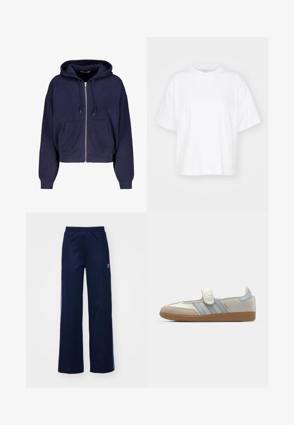 Marineblaue cropped Kapuze aus weichem Baumwollmaterial mit Reißverschluss vorne, zwei Fronttaschen und Kordelzug-Kapuze. Gerippte Bündchen und Saum.; Weißes Baumwoll-T-Shirt mit Rundhalsausschnitt, kurzen Ärmeln und lockerer Passform. Verfügt über ein dezentes Logo auf der linken Brustseite. Glatte Textur.; Helleblaue Baumwollmischung Trainingshosen mit weit geschnittenem Design, elastischem Bund und Reißverschlusstaschen, mit weißen Seitenstreifen und Logodetails.; adidas Originals SAMBA JANE BALLERINA - Riemchenballerina - cloud white/halo blue