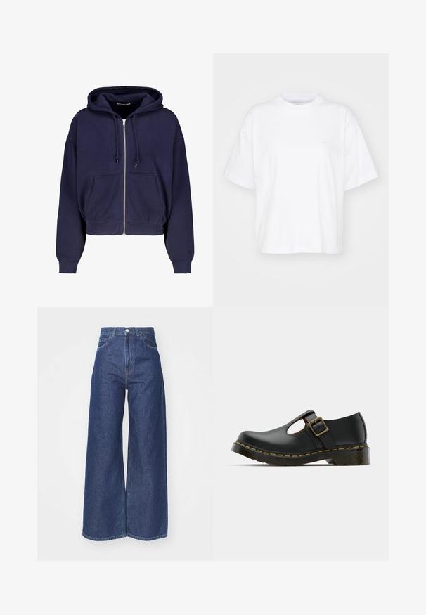 Navyblauwe cropped hoodie gemaakt van zachte katoen met een rits aan de voorkant, twee voorzakken en een capuchon met trekkoord. Geribde manchetten en onderrand.; Witte katoenen t-shirt met een ronde hals, korte mouwen en een ontspannen pasvorm. Heeft een subtiel logo op het linkerborstgedeelte. Zachte textuur.; Wijd-uitlopende jeans van donkerblauwe denim. Hoge taille met een ritssluiting en knoopsluiting. Bevat klassieke vijf-pocket styling en gezoomde randen.; Zwarte leren schoen met een ronde neus, enkelband en gesp, lage hak en gele stiksels langs de zool. Gladde textuur overal.