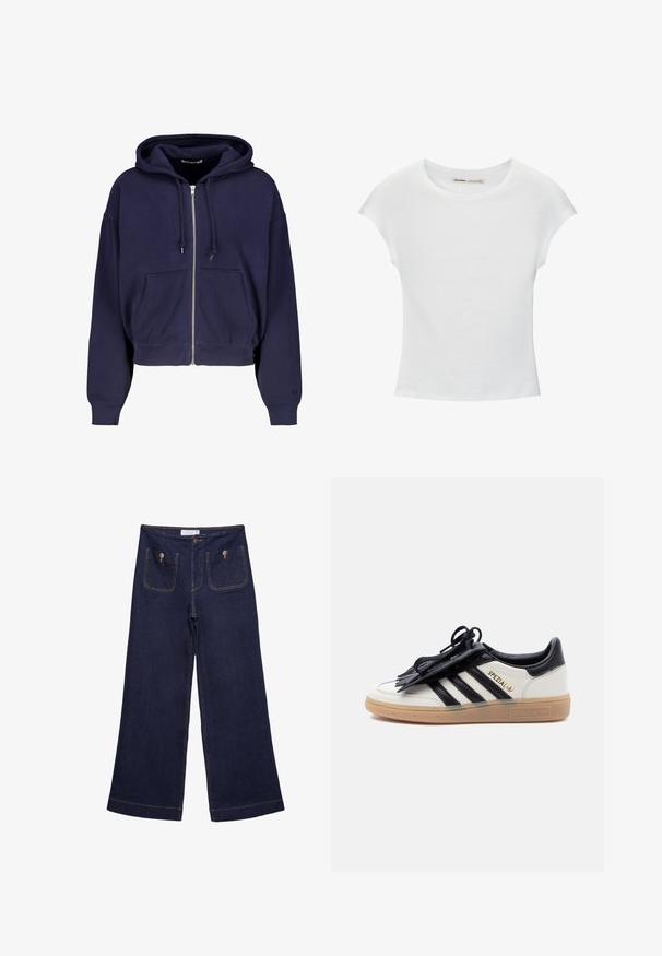 Marineblaue cropped Kapuze aus weichem Baumwollmaterial mit Reißverschluss vorne, zwei Fronttaschen und Kordelzug-Kapuze. Gerippte Bündchen und Saum.; Weißes Baumwoll-T-Shirt mit kurzen, aufgerollten Ärmeln, rundem Ausschnitt und geradem Saum. Glatte Textur ohne sichtbare Muster oder Akzente.; Dunkelblaue Jeans mit weitem Bein, großen Fronttaschen, die mit Metallknöpfen gesichert sind, und einem oberen Knopfverschluss.; Weißer und schwarzer Adidas Spezial Sneaker mit Gummisohle, schwarzen Streifen und schwarzer Schnürsenkelabdeckung auf einfarbig hellem Hintergrund.
