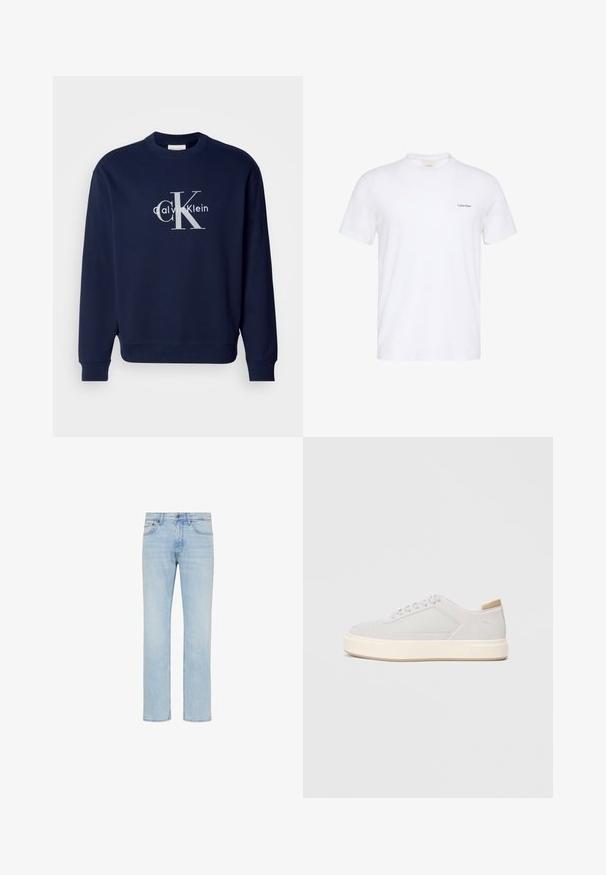 Marineblaues Baumwoll-Sweatshirt mit Rundhalsausschnitt, langen Ärmeln und gerippten Bündchen; mit einem großen silbernen Logo, das "Calvin Klein" und "CK" zeigt.; Weißes T-Shirt mit kurzen Ärmeln und Rundhalsausschnitt, mit kleinem schwarzem Calvin Klein-Logo auf der linken Brust.; Hellblaue Straight-Leg-Jeans aus Denim mit vorderem Knopf, Reißverschluss und Fünf-Taschen-Design, gezeigt auf weißem Hintergrund.; Hellgraue Sneaker mit einer glatten Synthetik-Oberfläche, runder Spitze und einer strukturierten cremefarbenen Zwischensohle. Helle tanfarbene Akzente an der Ferse.