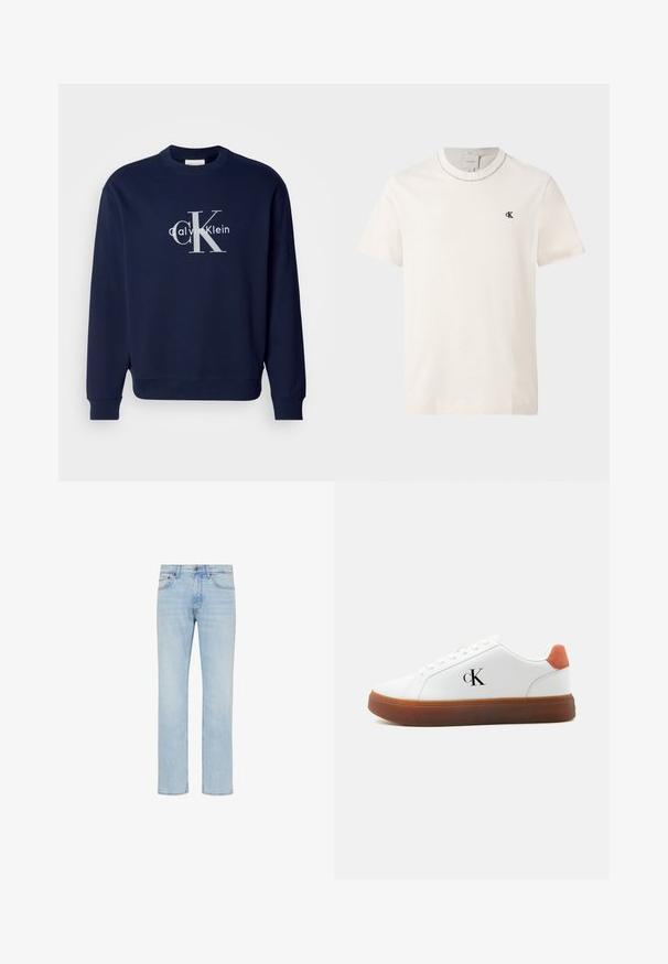 Marineblaues Baumwoll-Sweatshirt mit Rundhalsausschnitt, langen Ärmeln und gerippten Bündchen; mit einem großen silbernen Logo, das "Calvin Klein" und "CK" zeigt.; Kurzärmeliges, elfenbeinfarbenes Calvin Klein T-Shirt mit Rundhalsausschnitt und kleinem schwarzem "cK" Logo auf der linken Brust; Hellblaue Straight-Leg-Jeans aus Denim mit vorderem Knopf, Reißverschluss und Fünf-Taschen-Design, gezeigt auf weißem Hintergrund.; Weißer Sneaker mit brauner Sohle, orangefarbenem Fersenlasche, Schnürsenkeln und "cK"-Logo an der Seite.