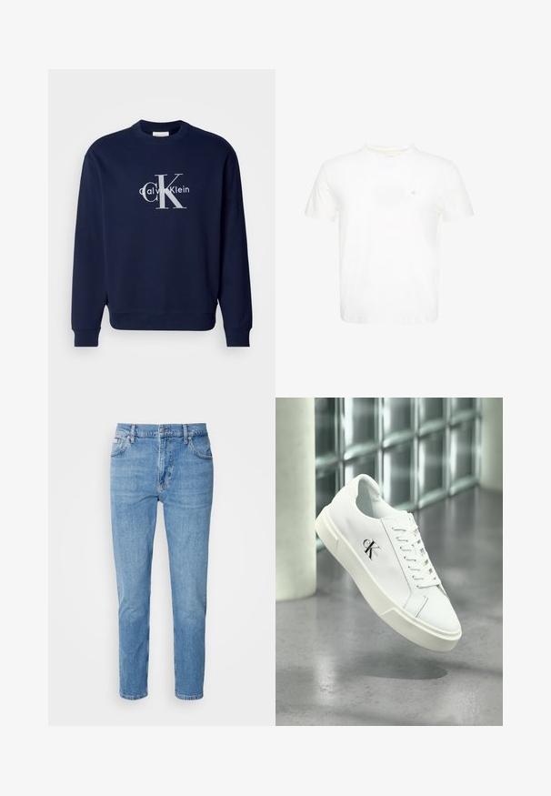 Sudadera de algodón en azul marino con cuello redondo, mangas largas y puños de canalé; presenta un gran logotipo plateado con "Calvin Klein" y "CK."; Camiseta blanca de manga corta con cuello redondo y pequeño logo "ck" bordado en el pecho izquierdo.; Vaqueros de mezclilla azul claro con corte recto, diseño de cinco bolsillos y un sutil desgastado. Presentan un cierre de botón y pasadores para cinturón.; Zapatilla blanca Calvin Klein con cordones, mostrada flotando sobre un suelo de cemento pulido y un fondo de pared de bloques de vidrio.