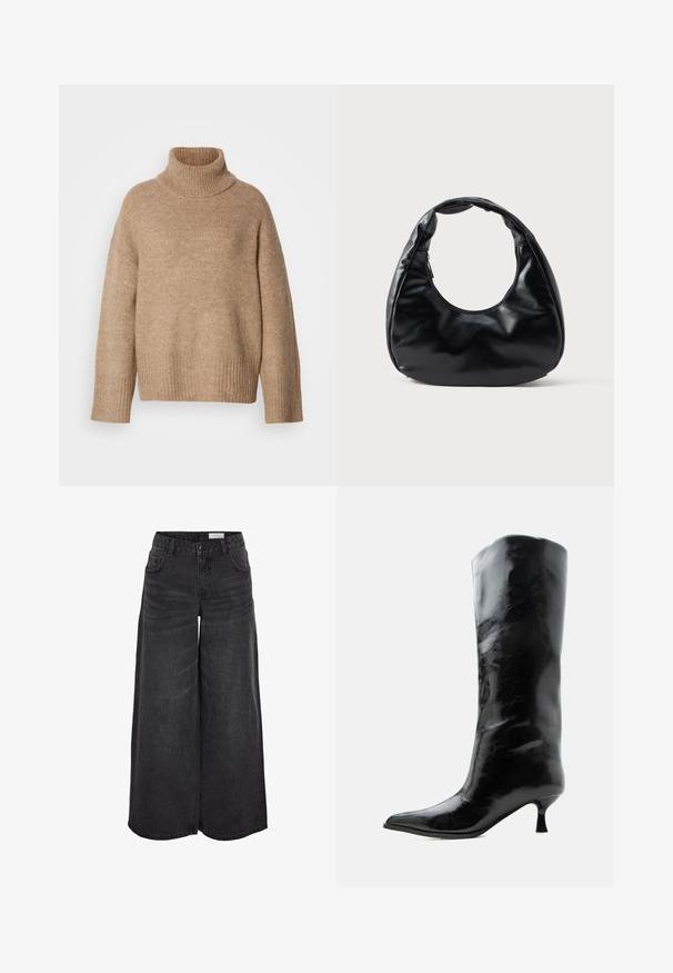 Beige rullekravesweater lavet af blødt strikstof. Har ribbet halsudskæring og manchetter, med en afslappet pasform og sænkede skuldersømme.; Bredde ben sorte denimshorts med høj talje, forlommer og subtil tekstur; designet til en afslappet pasform.; Sort skinnende knæhøj læderstøvle med spids tå og lav buet hæl på en ensfarvet lys baggrund.; Sort faux læder håndtaske med en unik halvmåneform, et bredt, polstret håndtag og en lynlåslukning. Glat, blank tekstur og minimalistisk design.