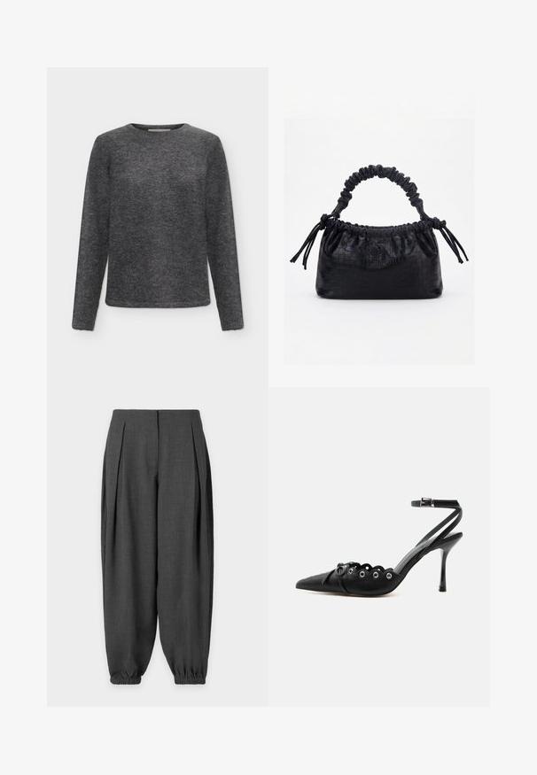 Pull à manches longues gris foncé à col rond, fabriqué en tissu tricoté doux et duveteux avec une coupe régulière.; Pantalon ample gris foncé avec plis à l'avant et poignets élastiques aux chevilles sur fond uni.; Chaussure à talon haut noire à bout pointu, bords festonnés, œillets métalliques, lacets à l'avant et bride de cheville avec fermeture à boucle.; Sac à main noir avec texture crocodile, bord supérieur froncé, poignée plissée et pompons à cordon de chaque côté sur fond blanc.
