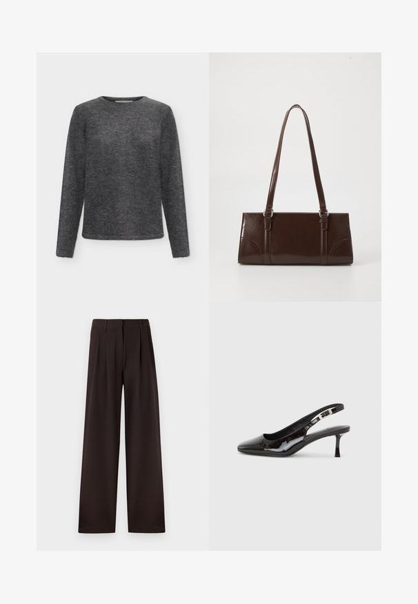 Pull à manches longues gris foncé à col rond, fabriqué en tissu tricoté doux et duveteux avec une coupe régulière.; Pantalon marron foncé à jambes larges avec plis et passants pour ceinture, doté d'une fermeture éclair avant et d'un ourlet net sur un fond uni.; Chaussure slingback en cuir verni noir avec bout pointu, boucle argentée et talon kitten de hauteur moyenne sur un fond clair uni.; Sac à main en cuir verni marron de forme rectangulaire, avec deux longues poignées et des accents courbés subtils à l'avant.