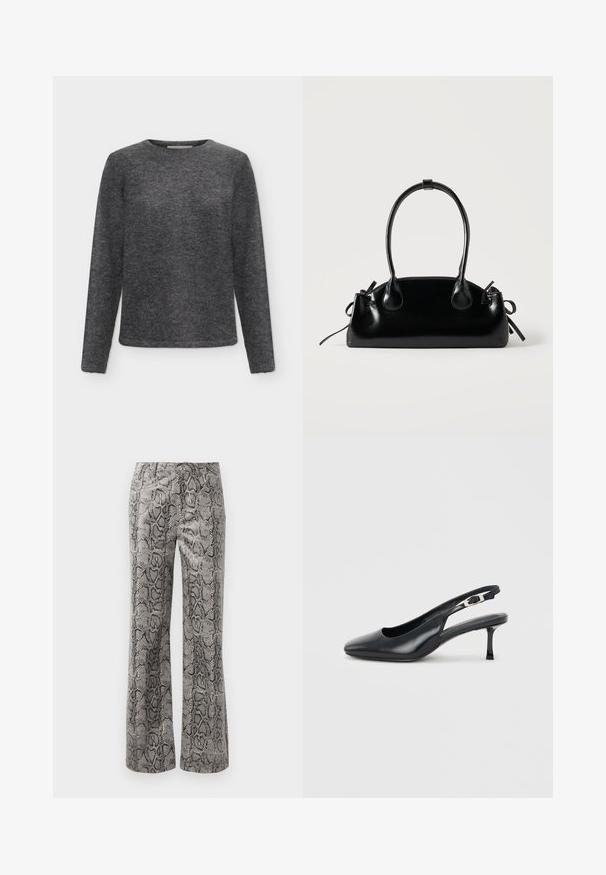 Pull à manches longues gris foncé à col rond, fabriqué en tissu tricoté doux et duveteux avec une coupe régulière.; Pantalons droits avec un motif en serpent noir et gris et une fermeture à bouton sur un fond blanc.; Chaussure slingback noire en cuir à bout pointu avec un petit talon aiguille bas et une bride réglable à boucle sur un fond clair uni.; Petit sac à main noir brillant avec deux longues anses et des détails à cordon sur les côtés sur un fond clair uni.