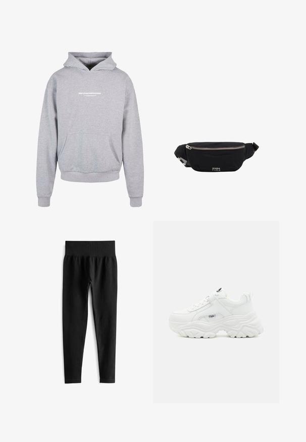 Sweatshirt à capuche gris avec une poche avant, arborant un texte imprimé en blanc "MÉTAMORPHOSE" sur la poitrine. Matière en mélange de coton, poignets côtelés.; Leggings noirs côtelés avec une large taille élastique, présentant une silhouette ajustée et une texture lisse. Pas de matériel ou motifs visibles.; Des sneakers blancs chunky avec un dessus en cuir lisse, un bout rond et une semelle épaisse texturée avec un logo de marque visible sur le côté.; Sac banane en tissu noir avec fermeture éclair argentée et bandoulière ajustable, avec petit logo blanc "Bimba y Lola" sur le devant.