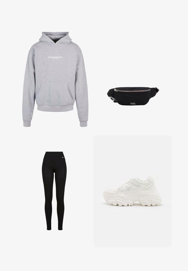 Sweatshirt à capuche gris avec une poche avant, arborant un texte imprimé en blanc "MÉTAMORPHOSE" sur la poitrine. Matière en mélange de coton, poignets côtelés.; Leggings Noirs avec une taille haute, tissu extensible, texture lisse et un design ajusté, adaptées pour un usage décontracté ou sportif.; Baskets blanches épaisses avec un dessus texturé, des panneaux en mesh et des semelles en caoutchouc épaisses avec un motif de semelle prominent. Lacets et tirette inclus.; Sac banane en tissu noir avec fermeture éclair argentée et bandoulière ajustable, avec petit logo blanc "Bimba y Lola" sur le devant.