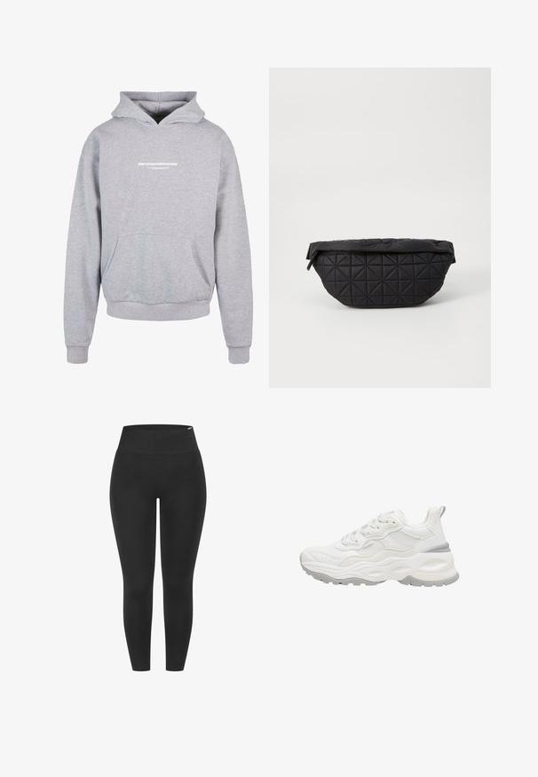 Sweatshirt à capuche gris avec une poche avant, arborant un texte imprimé en blanc "MÉTAMORPHOSE" sur la poitrine. Matière en mélange de coton, poignets côtelés.; Leggings noirs avec une taille haute élastique, une texture lisse et une coupe ajustée, adaptés à diverses activités.; Baskets blanches épaisses avec semelle texturée, tige en mesh et cuir, fermeture à lacets et languette au talon sur fond blanc.; Sac noir matelassé avec une texture douce et rembourrée, un motif en diamant angulaire, une silhouette arrondie et une fermeture éclair.