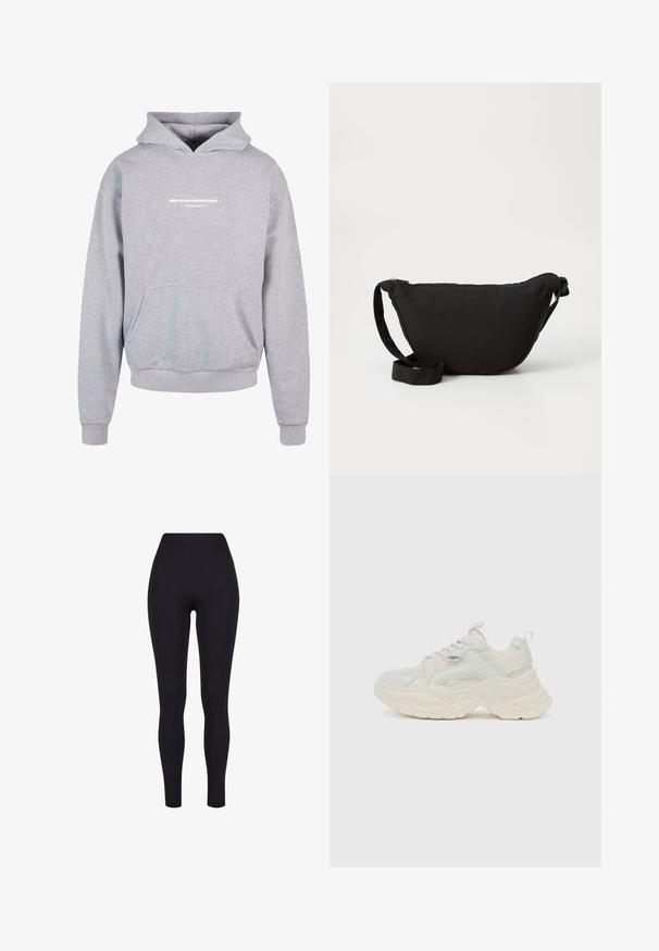 Sweatshirt à capuche gris avec une poche avant, arborant un texte imprimé en blanc "MÉTAMORPHOSE" sur la poitrine. Matière en mélange de coton, poignets côtelés.; Leggings noirs taille haute, fabriqués à partir d'un tissu extensible, présentant une texture lisse et un design ajusté sans coutures ni motifs visibles.; Baskets chunky en blanc cassé, avec une tige en mesh texturé et cuir lisse, dotées d'une semelle épaisse et ondulée, ainsi que d'accents de marque.; Sac hobo noir en tissu doux, avec une forme courbée, une fermeture éclair et une large sangle réglable. Texture lisse sans motifs.