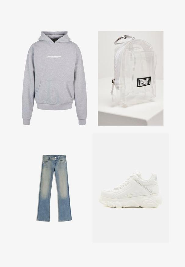 Sweatshirt à capuche gris avec une poche avant, arborant un texte imprimé en blanc "MÉTAMORPHOSE" sur la poitrine. Matière en mélange de coton, poignets côtelés.; Jean en denim bleu clair avec devant délavé, fermeture à double bouton et jambes évasées, posé à plat sur fond blanc.; Basket blanche épaisse avec semelle épaisse, design à lacets, et marquage "Buffalo" sur le côté et le talon.; Mini sac à dos en PVC transparent avec fermeture éclair et sangle blanches. Comprend un écusson de logo noir et un mousqueton en argent. Forme rectangulaire compacte.