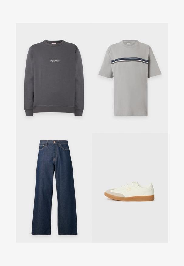 Grå sweatshirt med rund hals og lange ærmer. Har ribbede manchetter og kant, med "Original Studio" broderet i hvidt.; Lysegrå T-shirt med korte ærmer og rund hals, med marineblå, hvide og sorte vandrette striber over brystet.; Vidbenede jeans lavet af mørkt denim med orange syninger, som har fem lommer, en knaplukning foran og en lige silhuet.; Sneaker lavet af hvid læder med en beige tåhætte og let brunt gummisål. Har flade hvide snørebånd og prægede branding på siden.