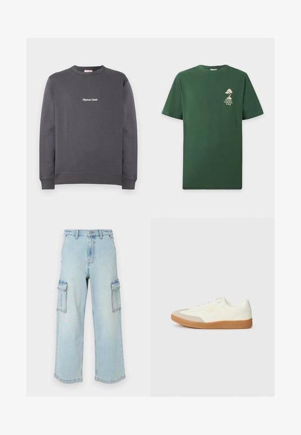 Grijze sweatshirt met een ronde hals en lange mouwen. Heeft ribgebreide manchetten en een onderrand, met "Original Studio" geborduurd in het wit.; Donkergroen T-shirt met korte mouwen met een kleine witte bonsaiboom en de tekst "Bonsai Gardens" op de linkerborst.; Lichtblauwe denim cargo broek met brede pijpen, voorzien van twee zijzakken, een knoopsluiting en een licht vervaagde textuur.; Schoen gemaakt van wit leer met een beige teenkap en een lichtbruine rubberen zool. Voorzien van platte witte veters en reliëfbranding aan de zijkant.