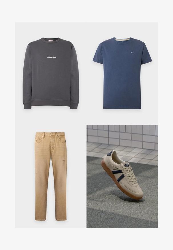 Grijze sweatshirt met een ronde hals en lange mouwen. Heeft ribgebreide manchetten en een onderrand, met "Original Studio" geborduurd in het wit.; Marineblauw T-shirt met korte mouwen en een ronde hals met een klein wit meeuwenlogo op de linkerborst tegen een lichte achtergrond.; Beige rechte jeans met voorzakken, riemlussen en subtiele distressed details op de dijen en knieën.; Beige sneaker met een textuurafwerking, marineblauwe strepen en een rubberen zool. Heeft een gevoerde tong en een traditioneel vetersysteem voor een veilige pasvorm.