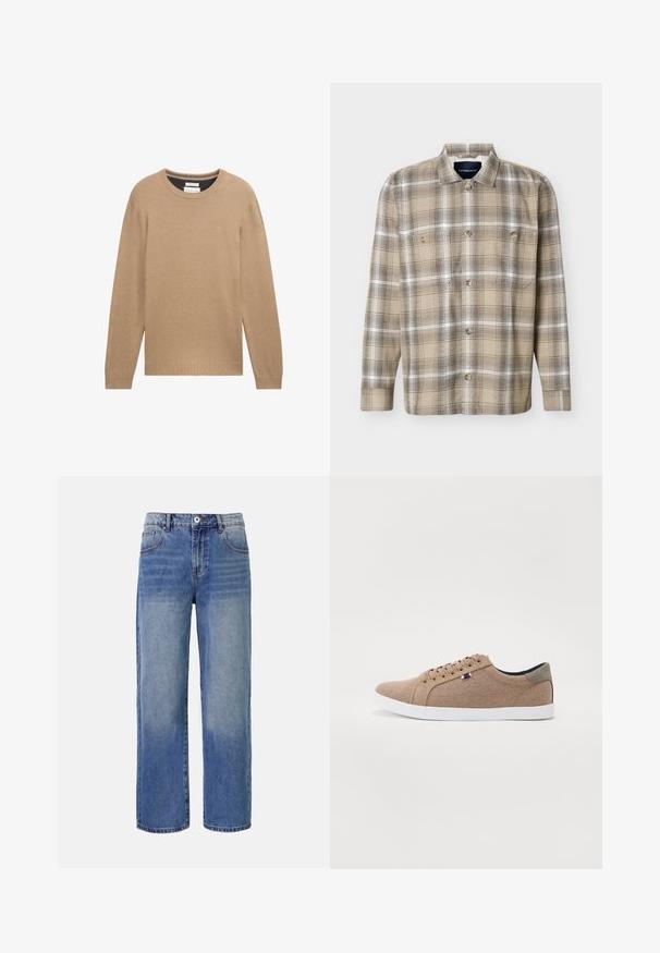 Pull en tricot beige avec un col rond, des manches longues et des poignets et un ourlet côtelés. Présente un petit logo sur la poitrine.; Chemise à manches longues à carreaux beige et marron, avec boutons sur le devant et deux poches poitrine, présentée sur un fond blanc.; Jeans en denim bleu clair à jambes larges avec un motif délavé, cinq poches et une fermeture à glissière. Comprend un bouton et des passants de ceinture à la taille.; Baskets en toile beige avec un design basse, semelle en caoutchouc blanc et lacets ronds. Présente un accent de talon gris contrastant et un détail de logo.
