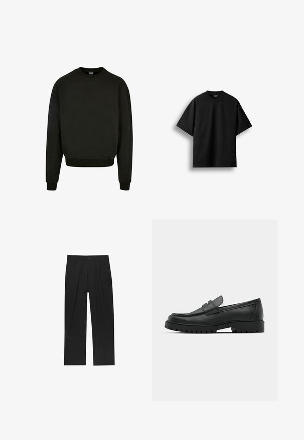 Sweatshirt noir à col rond en tissu mélangé coton, avec des manches longues et des poignets et un ourlet côtelés. Design simple et uni.; T-shirt noir à manches courtes et col rond, présenté à plat sur un fond blanc avec une petite étiquette visible au niveau du col.; Pantalons noirs au design droit, fabriqués à partir d'un tissu lisse. Dotés de plis sur le devant et d'une fermeture à un bouton à la taille.; Mocassins en cuir noir à bout arrondi, avec un design cousu, une semelle plateforme basse et une semelle en caoutchouc texturée et crantée.