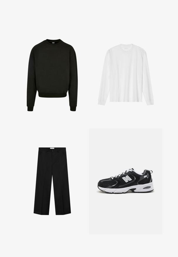 Sweatshirt noir à col rond en tissu mélangé coton, avec des manches longues et des poignets et un ourlet côtelés. Design simple et uni.; T-shirt blanc en coton à manches longues avec col rond, doté de poignets côtelés et d'un ourlet droit, texture lisse et design minimaliste.; Pantalon noir à jambes larges en tissu lisse, doté de poches avant, d'une fermeture par bouton et d'un pli marqué sur chaque jambe.; Baskets de sport noires et grises avec un tige en mesh et en suède, présentant une semelle intermédiaire blanche, des lacets et un logo "N" audacieux sur le côté.