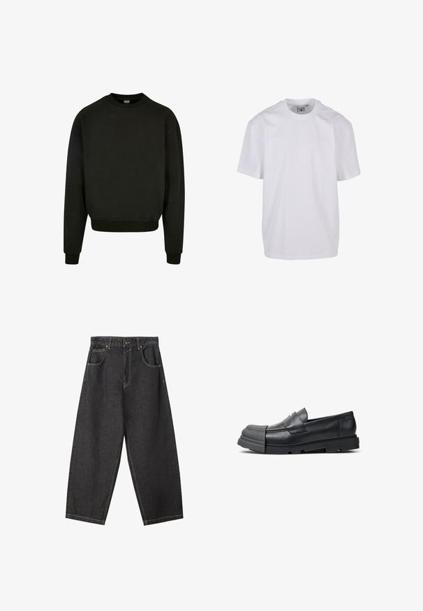 Sort crewneck sweatshirt lavet af bomuldsblandingsstof, med lange ærmer og ribkanter ved ærmer og nederkant. Simpelt, ensfarvet design.; Simpel hvid T-shirt med korte ærmer og rund hals, med et lille diskret logo på venstre bryst og en mærkat inde i kraven.; Sorte denim brede bukser med gule sømme, fem-lomme-design og en mid-rise talje. Struktureret stof med en glat overflade.; Sort læderloafer med tyk gummisål og forlænget gummitåhætte, der dækker den forreste del af skoen.