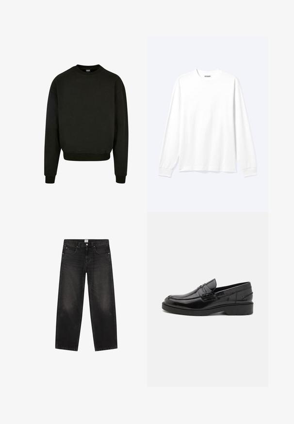 Sweat-shirt noir à manches longues avec col rond, poignets et ourlet côtelés, devant uni, et étiquette de taille moyenne à l'intérieur du col.; Chemise blanche unie à manches longues avec col rond et poignets côtelés, présentée sur un fond clair neutre.; Jean noir droit avec cinq poches et passants de ceinture, fermeture par bouton et zip, avec une étiquette blanche sur la ceinture.; Mocassins en cuir noir avec une finition lisse, un bout rond, un petit talon et descoutures décoratives à l'avant. Semelle en caoutchouc pour l'adhérence.