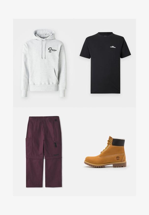 Grijze hoodie van zacht materiaal, met een voorzak, een capuchon met trekkoord en een zwart "Service Works" logo op de linkerborst.; Zwart katoenen T-shirt met een ronde hals, korte mouwen en een wit "OBEY WORLDWIDE" logo op de borst gedrukt.; Bordeaux cargo convertible broek met zijritszak en Timberland-logo op het rechterbeen, verlengde binnenbeenlengte weergegeven.; Bruine leren enkellaars met metalen oogjes, witte faux bont voering, zwarte gewatteerde kraag, robuuste zool en een reliëflogo aan de zijkant.