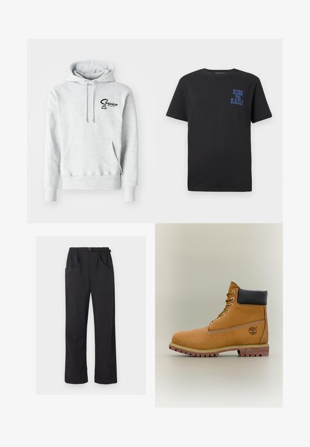 Grijze hoodie van zacht materiaal, met een voorzak, een capuchon met trekkoord en een zwart "Service Works" logo op de linkerborst.; Zwarte katoenen t-shirt met korte mouwen, voorzien van blauwe tekst "RIDE THE RAILS" op de linkerkant van de borst. Ronde hals en reguliere pasvorm.; Zwarte broek met rechte pijpen, elastische tailleband en verstelbare gesp riem, voorzien van voor- en zijzakken.; Bruine leren enkellaars met zwarte kraag, gele veters en een zandkleurige zool. Voorzien van een logo en witte stikseldetails. Robuuste loopzool met grip.