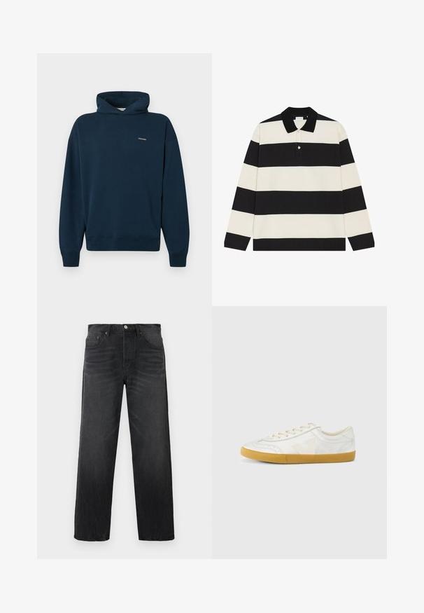 Φούτερ με κουκούλα σε ναυτικό μπλε χρώμα από απαλό βαμβάκι με χαλαρή εφαρμογή, διαθέτει ρυθμιζόμενη κουκούλα με κορδόνι και ριμπ μανσέτες. Μικρό λογότυπο στο στήθος.; Μακρυμάνικο πόλο μπλουζάκι με μαύρες και κρεμ ρίγες, γιακά, τρία κουμπιά στο εμπρός μέρος και μικρή διακοσμητική λεπτομέρεια κοντά στον γιακά.; Μαύρο τζιν παντελόνι με ευθεία γραμμή, διαθέτει πέντε τσέπες, μπροστινό κούμπωμα με κουμπιά και διακριτική ξεθώριαση για υφή.; Λευκό δερμάτινο αθλητικό παπούτσι με λεία υφή, που διαθέτει μπεζ λογότυπο 'V', στρογγυλεμένη μύτη, σχέδιο με κορδόνια και σόλα από καουτσούκ χρώματος καραμέλας.