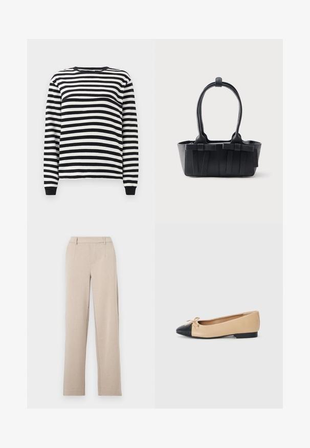 Chemise à manches longues rayée noir et blanc avec un col rond et des poignets côtelés. Tissu doux avec des rayures horizontales régulièrement espacées.; Pantalon beige sur mesure avec une coupe droite, une texture lisse, des poches avant et des passants pour ceinture. Fabriqué en tissu léger.; Ballerines en cuir beige avec un bout noir, dotées d'un petit nœud sur le devant et d'un petit talon en caoutchouc noir.; Sac à main en cuir noir avec deux poignées, sangles décoratives et une base rectangulaire sur un fond uni clair.