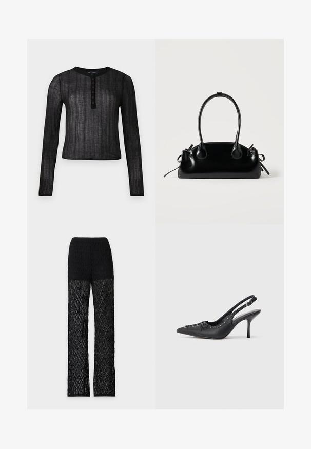 Haut noir à manches longues en matériau semi-transparent avec une texture côtelée, présentant un col rond et une patte de boutonnage à six boutons.; Pantalon long en dentelle noire avec une ceinture unie et des jambes partiellement transparentes sur un fond clair et uni.; Escarpin en cuir noir à talon aiguille avec un bout pointu, une bride latérale à boucle, des clous le long du bord et un laçage décoratif à l'avant.; Petit sac à main noir brillant avec deux longues anses et des détails à cordon sur les côtés sur un fond clair uni.