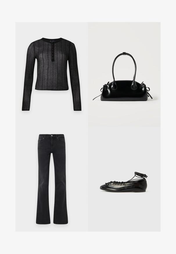 Sort langærmet top lavet af semi-gennemsigtigt materiale med ribbet tekstur, med en rund halsudskæring og seks knaplukninger.; Sorte flagrende jeans lavet af denim, med et klassisk fem-lomme design, knaplukning og subtile sømdetaljer.; Sorte balletflade sko i laklæder med rundet tå, snørelukning og flad sål. Glat tekstur med få detaljer.; Lille sort blank håndtaske med to lange håndtag og snøre-detaljer i siden på en ensfarvet lys baggrund.
