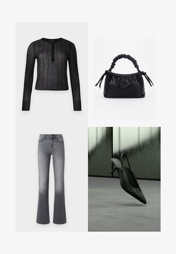 Sort langærmet top lavet af semi-gennemsigtigt materiale med ribbet tekstur, med en rund halsudskæring og seks knaplukninger.; Højtaljede, brede jeans i mørkegråt denim med forlommer, knaplukning og subtilt falmede effekter mod kanten.; Sort læder slingback højhælet sko med spids tå svævende over gråt tæppe, sløret grønlig væg i baggrunden.; Sort taske med krokodilletekstur, rynket øverste kant, samlet hank og snore med kvaster på hver side mod en hvid baggrund.