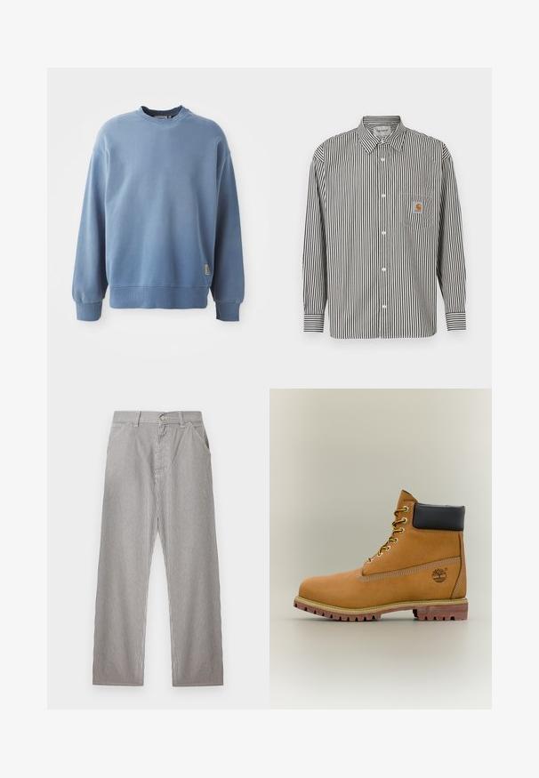 Hellblauer Pullover aus weichem Material, mit Rundhalsausschnitt, langen Ärmeln, gerippten Bündchen und Saum sowie einem kleinen Logoschild nahe dem Saum.; Schwarz-weiß gestreiftes Langarmhemd mit button-down Kragen. Verfügt über eine Brusttasche mit einem beigen Logo-Patch.; Herren-Hosen mit vertikalen schwarzen und weißen Nadelstreifen, vorderer Knopfverschluss, Gürtelschlaufen und Seitentaschen.; Brauner Leder-Stiefelette mit schwarzem Kragen, gelben Schnürsenkeln und hellbrauner Sohle. Verfügt über ein Logo und weiße Ziernähe. Robuste Profilsohle.