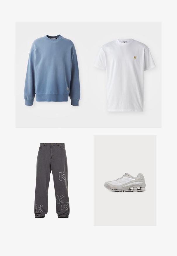 Hellblauer Pullover aus weichem Material, mit Rundhalsausschnitt, langen Ärmeln, gerippten Bündchen und Saum sowie einem kleinen Logoschild nahe dem Saum.; Weißes Baumwoll-T-Shirt mit kurzen Ärmeln, Rundhalsausschnitt, mit einem kleinen goldenen Logo im linken Brustbereich. Weicher Stoff und normale Passform.; Grau locker sitzende Jeans mit abgenutzten bestickten Buchstaben-„K“-Patches am linken Oberschenkel, rechten Knie und linkem Knöchelbereich.; Hellgrauer und weißer Sportschuh mit sichtbarer federartiger Dämpfung in der Sohle und einem Obermaterial aus Mesh-Gewebe.