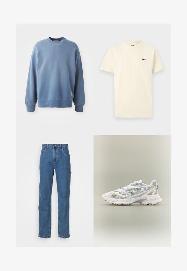 Lichtblauwe sweatshirt gemaakt van zachte stof, met een ronde hals, lange mouwen, ribgebreide boorden en zoom, en een klein logolabel nabij de onderkant.; Crèmewit T-shirt met korte mouwen en een ronde hals, met een klein zwart "OBEY"-logo op de bovenste linkerborst, effen achtergrond.; Lichtblauwe denim jeans met een rechte snit, vijf zakken en een lichte vervaging op de stof. Voorzien van een knoop- en ritssluiting.; Witte sportschoen met grijze netpanelen, gestructureerde overlays, een gepolsterde kraag en een rubberen zool met kleine tractiespitten.