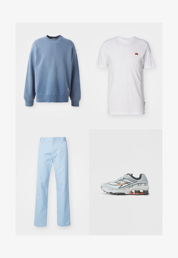 Hellblauer Pullover aus weichem Material, mit Rundhalsausschnitt, langen Ärmeln, gerippten Bündchen und Saum sowie einem kleinen Logoschild nahe dem Saum.; Schlichtes weißes kurzärmeliges T-Shirt mit kleinem rot-orangefarbenem Halbkreis-Logo im oberen linken Brustbereich.; Helleblau geradlinige Hose aus Baumwollmischgewebe. Verfügt über einen flachen Bund, Seitentaschen und keine sichtbaren Muster oder Verzierungen.; Hellgrauer Laufschuh mit schwarzen Akzenten, orangefarbenem Logo, Mesh-Obermaterial, gepolstertem Schaft und Gummisohle mit sichtbaren stoßdämpfenden Einheiten.