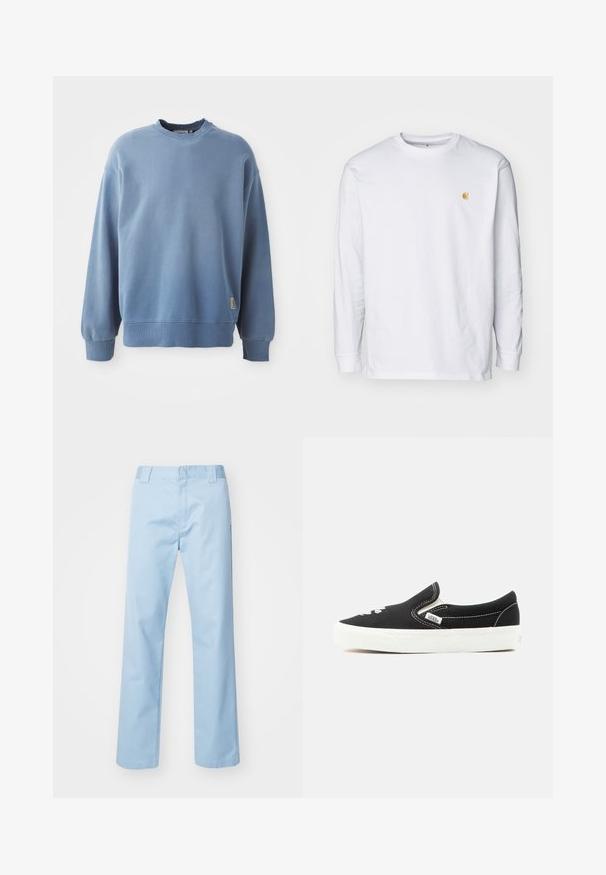 Lyseblå sweatshirt lavet af blødt stof, med rund hals, lange ærmer, ribbede manchetter og kant, samt et lille logotag nær bunden.; Hvid langærmet t-shirt lavet af bomuld. Har et lille gyldent logo på brystet og en rund halsudskæring. Enkel design og standard pasform.; Lyseblå lige bukser lavet af en blanding af bomuldsstof. Har en flad frontlinning, sidelommer og ingen synlige mønstre eller udsmykninger.; Sort Vans slip-on sneaker med hvid gummisål, hvid syning og elastiske sidestropper, set fra ydersiden.