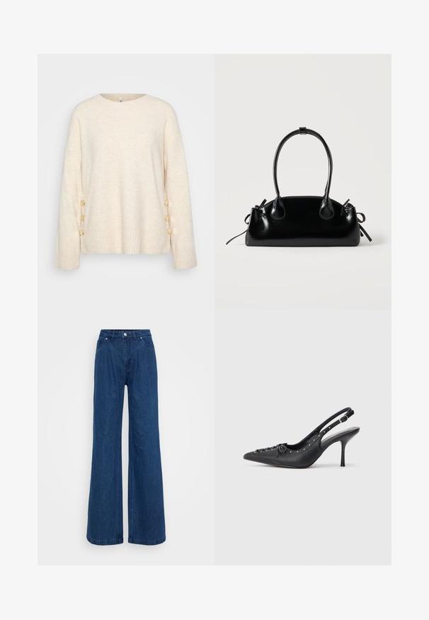 Pull crème avec un ourlet côtelé et des manches larges. Présente des boutons dorés décoratifs sur un côté pour un détail supplémentaire. Texture douce.; Jeans en denim bleu à jambe large avec une taille haute, fermeture avant à bouton et zip, et poches avant et arrière sur un fond uni.; Escarpin en cuir noir à talon aiguille avec un bout pointu, une bride latérale à boucle, des clous le long du bord et un laçage décoratif à l'avant.; Petit sac à main noir brillant avec deux longues anses et des détails à cordon sur les côtés sur un fond clair uni.