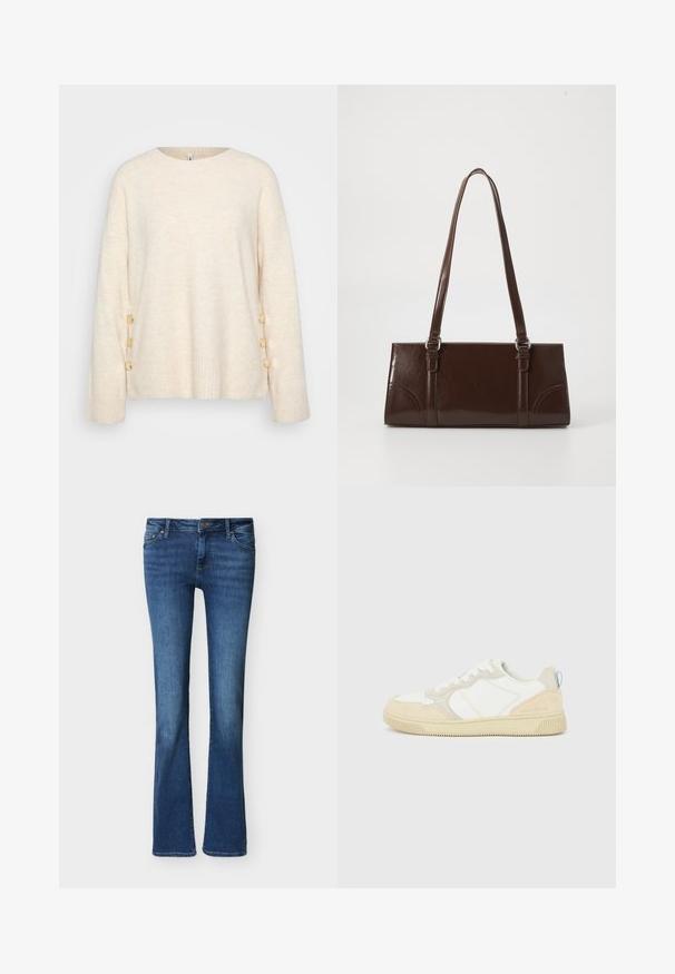 Pull crème avec un ourlet côtelé et des manches larges. Présente des boutons dorés décoratifs sur un côté pour un détail supplémentaire. Texture douce.; Jean bootcut en denim bleu avec poches avant, passants pour ceinture et fermeture par bouton, présenté sur un fond blanc uni.; Baskets blanches et beiges avec dessus en suède et textile, présentant des coutures contrastées, une semelle en caoutchouc et un accent bleu clair sur le talon.; Sac à main en cuir verni marron de forme rectangulaire, avec deux longues poignées et des accents courbés subtils à l'avant.